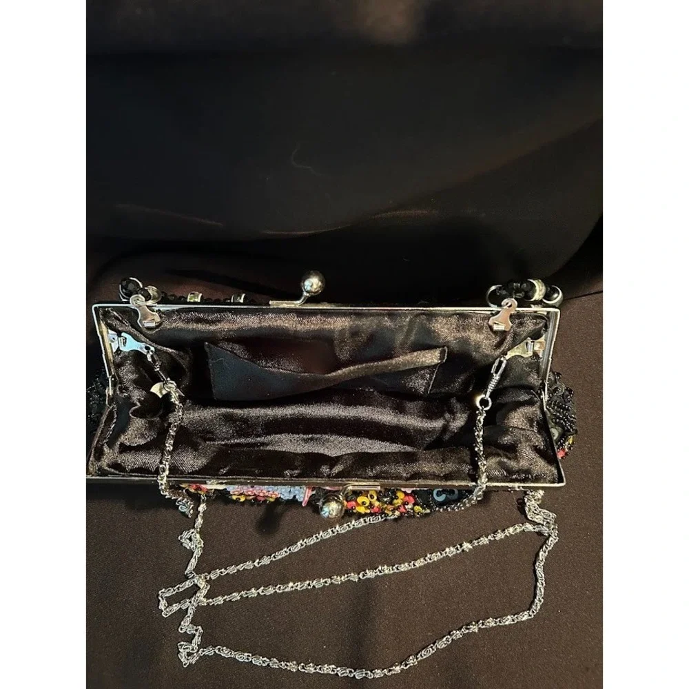 Vintage‎ Black Beaded Evening Bag Purse short and long handles